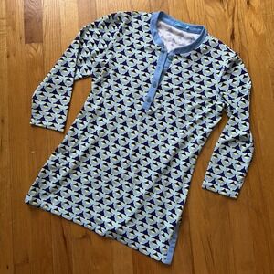 J McLaughlin Tunic Top XS Blue Yellow Geometric Floral‎ Maximalist 3/4 Sleeve